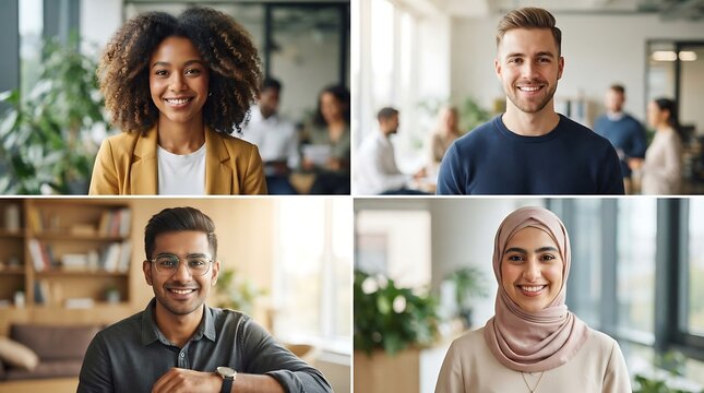 Four smiling young adults diverse faces in office and home settings people happy