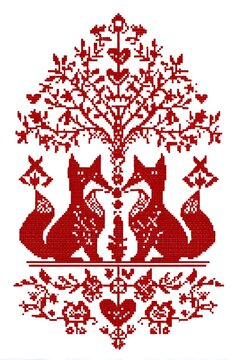 Red folk art paper cut style illustration featuring two foxes under a tree of life with heart floral accents.