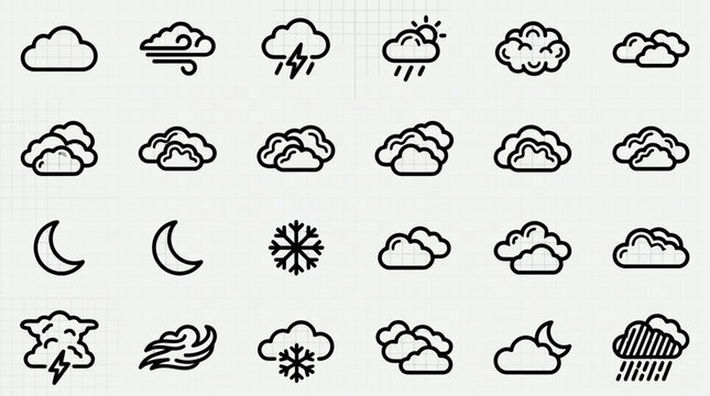 Professional weather forecast line icon collection including sun, cloud, rain, snow, wind, and storm symbols, ideal for meteorology reports, mobile applications, and climate data visualization.