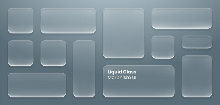 set of liquid glass morphism white elements in various shapes. Transparent glass panel, light frame, smartphone and web application banner with blur effect