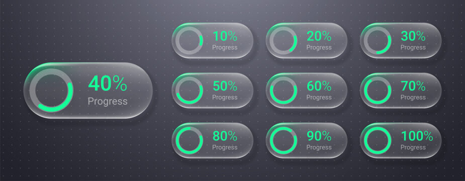 Modern progress infographic loading bar collection 10 to 100 percent in transparent liquid glass effect on dark doted background. Circle loading data interface for dashboard UI analytics