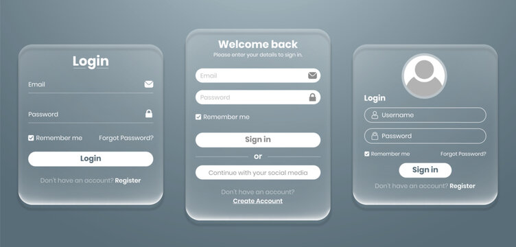 Set of modern login, sign in forms in liquid glass style. Professional registration forms page user friendly interface web and UI UX design elements with username, email and password button