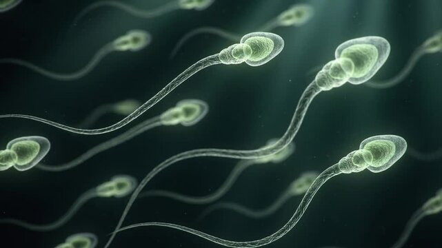 Microscopic view of sperm cells swimming in a medical illustration representing fertility and reproduction