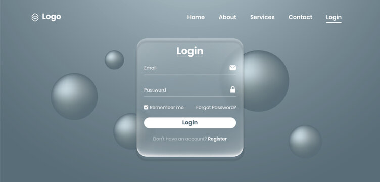 Modern login, sign in forms in liquid glass style. Professional registration forms page user friendly interface web and UI UX design elements with username, email and password button