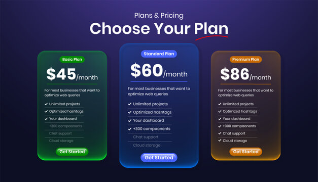 Modern pricing plan tables in liquid glass morphism style for website or mobile app UI UX design. Product plan, price package, subscription, pricing chart comparison table