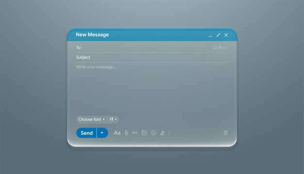Liquid glass new mail message user interface screen with responsive desktop compose windows template for web application. Empty email window mockup vector