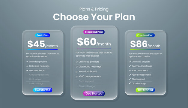 Modern pricing plan tables in liquid glass morphism style for website or mobile app UI UX design. Product plan, price package, subscription, pricing chart comparison table