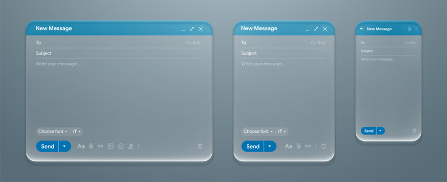 Set of liquid glass new mail message user interface screen with responsive desktop, tablet and smartphone compose windows template for web application. Empty email window mockup vector.