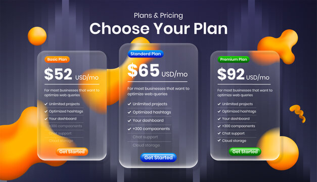 Modern pricing plan tables in liquid glass morphism style for website or mobile app UI UX design. Product plan, price package, subscription, pricing chart comparison table