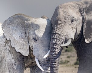 Two African Elephants Face to Face in the Wild Savanna © Catrin