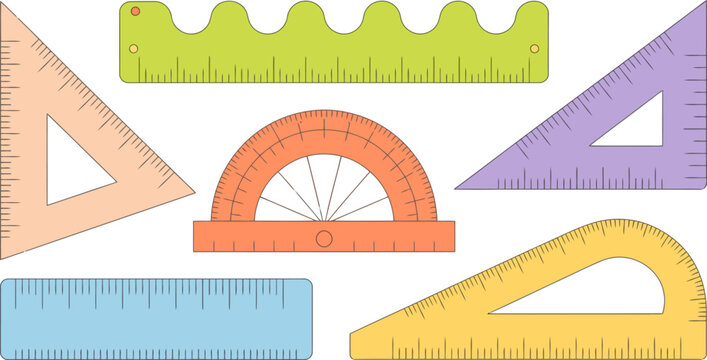 Assorted colorful geometric rulers and protractor for geometry and math Transparent Background