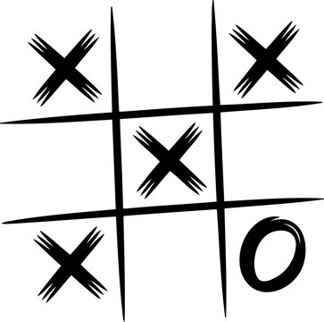 Black hand drawn tic tac toe game board with Xs and one O on white Transparent Background