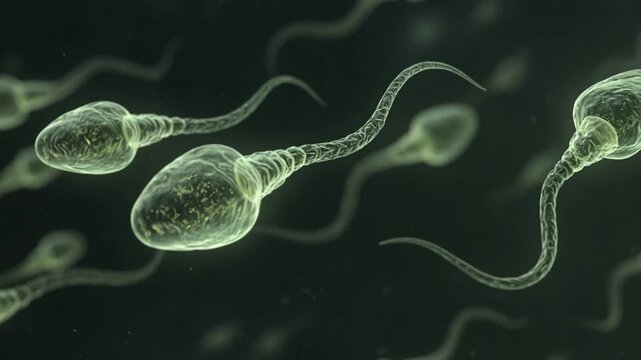 3D Illustration of Human Sperm Cells Swimming in a Dark Microscopic Environment
