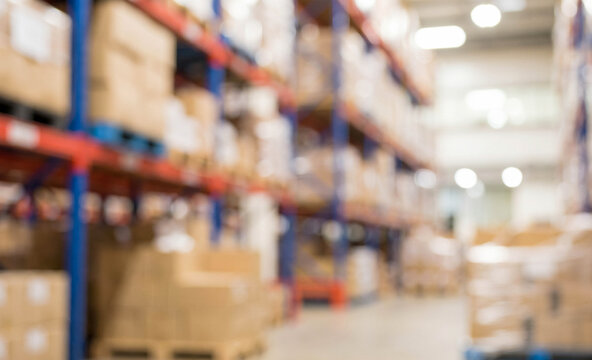 A blurred view of a warehouse interior filled with shelves stacked high with boxes and products. The environment conveys a sense of logistical operations.
