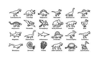 Animated Extinct Animal Outline Icons Set with Prehistoric Creatures Vector © Shaon
