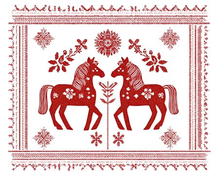 Nordic folk art illustration featuring two red horses surrounded by traditional floral patterns and snowflakes.