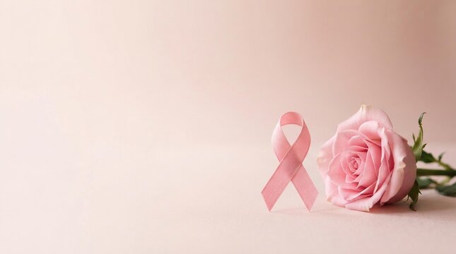Pink Breast Cancer Awareness Ribbon and Rose on Blush Background, Healthcare Support Banner