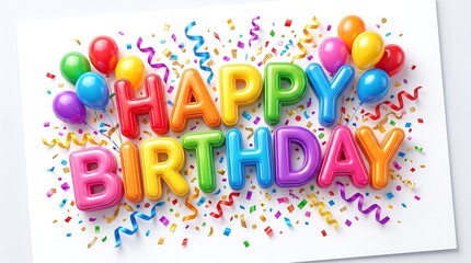 Fototapeta premium Colorful happy birthday typography with confetti and balloons. Vibrant 3D lettering celebration for party invitations and festive designs.