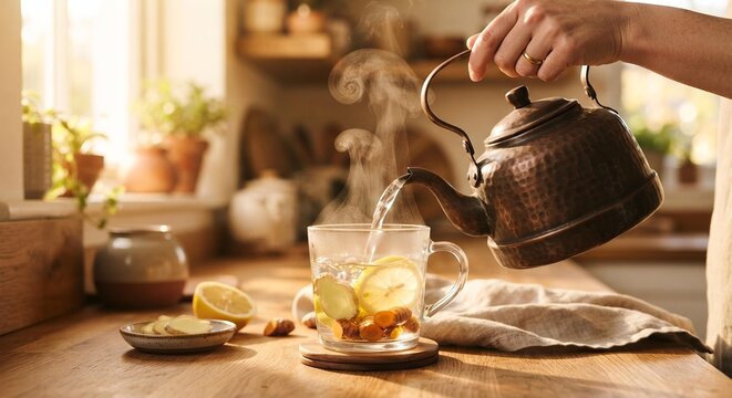 Pouring Hot Water into Ginger and Turmeric Tea, Healthy Lifestyle and Wellness Concept