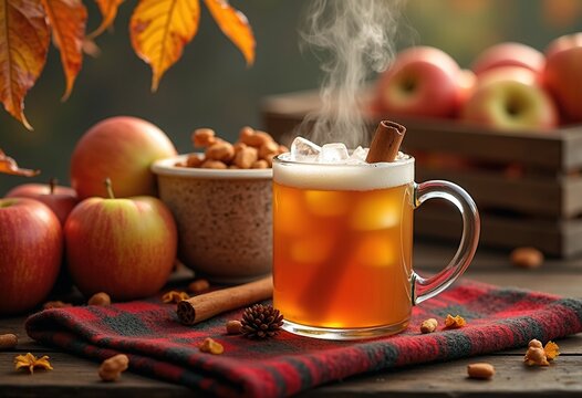 Rustic Autumn Market Apple Cider and Cinnamon Stick in Captivating Fall Scene