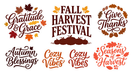 Collection of autumn themed hand lettered typography with maple leaves and pumpkins on a white background for fall celebrations © markdefined