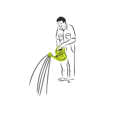 Hand drawn vector graphic sketch line illustration with male is watering with a watering can .Gardening concept vector graphic illustration line art. Cute garden person drawing,isolated.