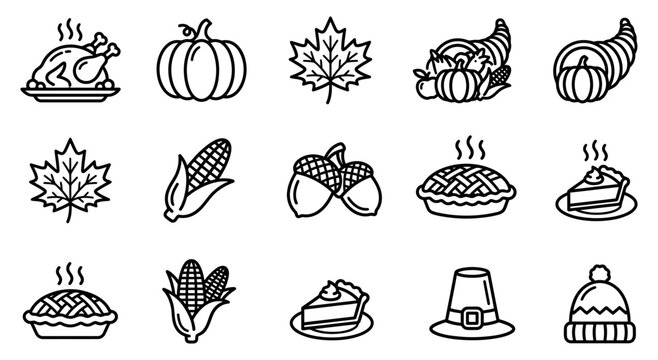 Thanksgiving holiday line icons featuring turkey pumpkin cornucopia maple leaf and pie for autumn celebrations and seasonal designs
