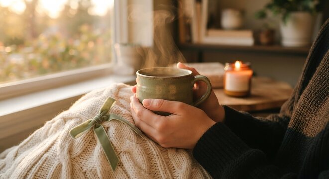 Person Holding Steaming Sage Green Mug in Cozy Cable Knit Sweater, Hygge Lifestyle and Wellness Concept