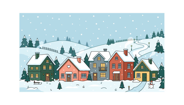 Cozy winter village landscape with colorful small houses covered in deep snow hills pine trees and falling snowflakes vector illustration