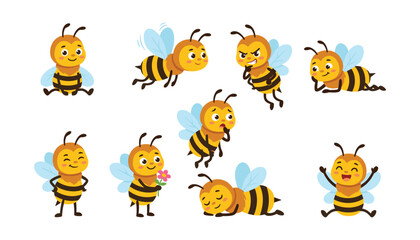 Obraz premium Cute bee character vector set with funny little cartoon bumblebees showing different emotions flying sleeping and holding flower