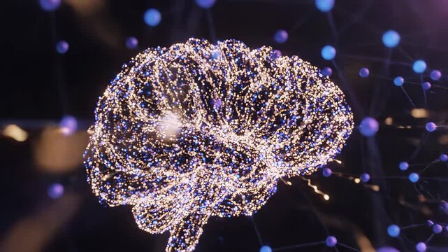 Abstract digital network transformation showing interconnected nodes forming a glowing human brain shape symbolizing artificial intelligence and deep learning concept
