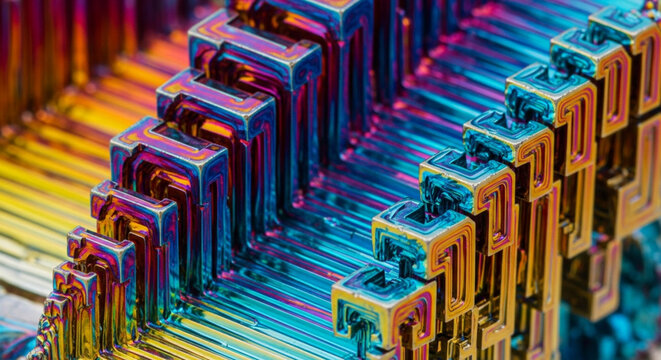 Iridescent bismuth crystals, science, macro, abstract, geometric, metal