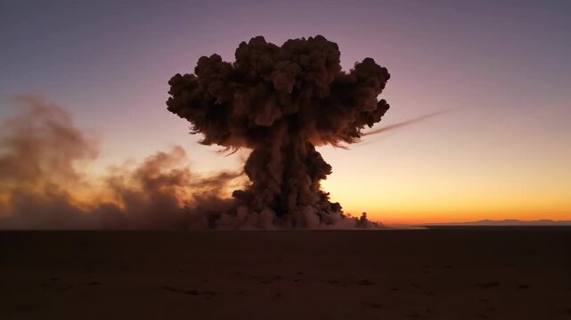 Dramatic mushroom cloud explosion with fire and smoke rising over vast desert landscape against colorful sky during sunset or sunrise