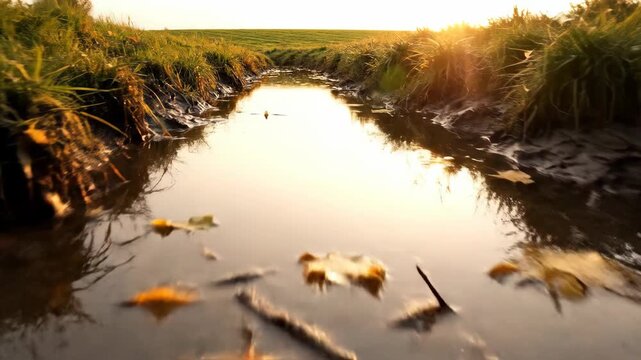 Golden sunset light reflecting on water surface of narrow stream flowing between green grassy banks and mud, autumn leaves gently floating