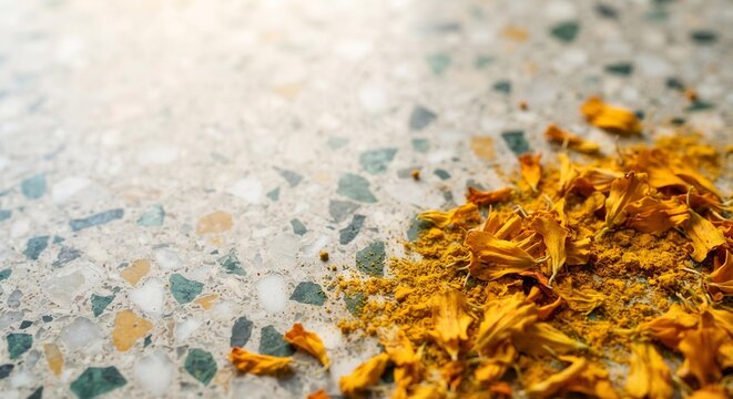 Dried Marigold Petals and Turmeric Powder on Terrazzo Floor, Diwali Festival Decoration and Interior Styling Concept