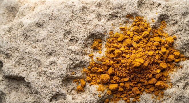 Vibrant Turmeric Powder on Weathered Limestone Surface, Diwali Rangoli Decoration Background for Festive Interior Design