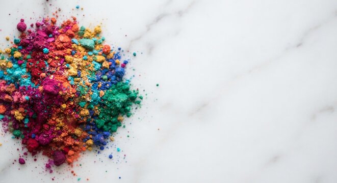 Vibrant Rangoli Powder Pile on White Marble Background, Diwali Festival Decoration Concept for Social Media Marketing