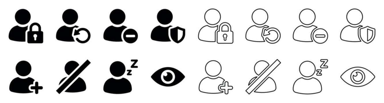 User account status and privacy icons. Vector collection of user profile symbols with privacy, security, permissions, mute, sleep, and visibility states for digital interface design, UI elements, and
