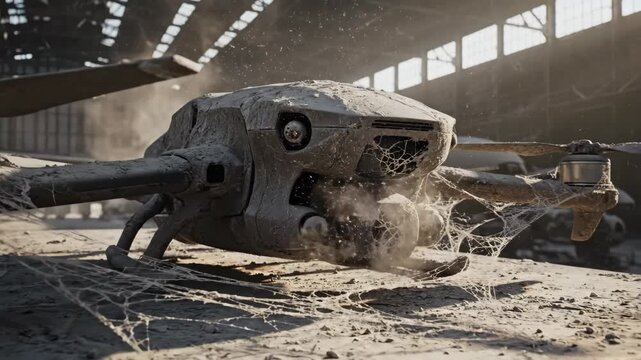 Dusty abandoned drone covered in cobwebs on rusty metal surface inside desolate hangar with sunlight illuminating airborne dust particles