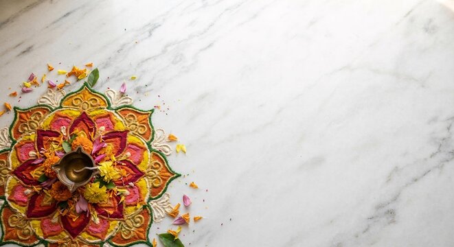 Colorful Diwali Rangoli with Brass Diya on White Marble, Festive Home Decor Background for Social Media