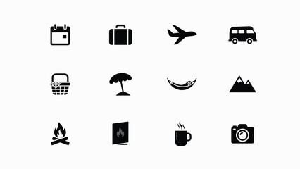 Minimalist black icons set with leisure themes arranged clean grid layout representing diverse travel displays twelve sleek sleek high contrast © Soma