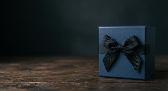 Dark Blue Gift Box with Black Ribbon on Rustic Surface, Black Friday Sale Marketing Background