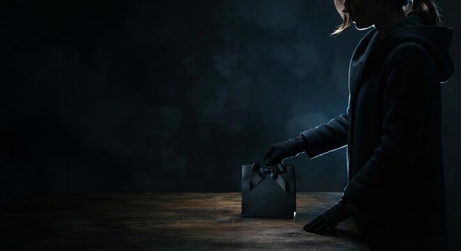 Shopper Placing Minimalist Gift Bag on Table, Black Friday E-commerce Marketing Concept