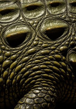 Extreme Close-up of Crocodile Skin Texture with Detailed Green Scales and Osteoderms for Wildlife Background