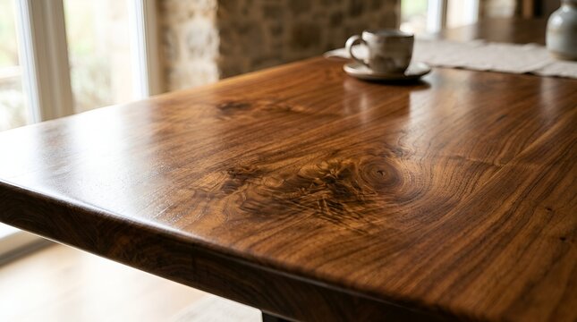 Wood grain table with coffee cup and saucer on a rustic farmhouse table
