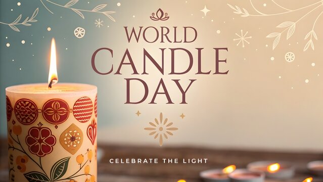 World candle day greeting card featuring a decorated illuminated wax pillar candle