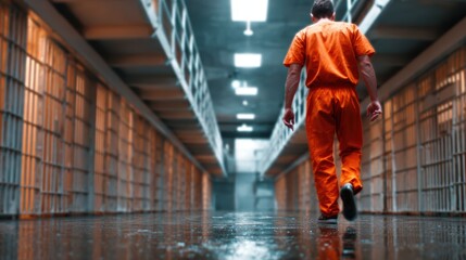 Obraz premium A solitary figure dressed in an orange prison jumpsuit walks through an empty corridor, evoking feelings of isolation, confinement, and the human experience of regret and reflection.