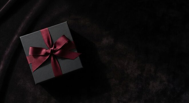 Matte Black Gift Box with Burgundy Ribbon on Dark Velvet, Luxury E-commerce Sale Background