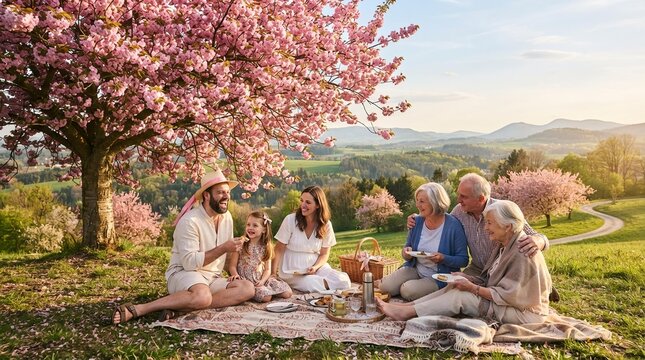 Multi-Generational Family Having Spring Picnic Under Cherry Blossom Tree, Happiness and Togetherness Concept