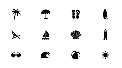 Black and white minimalist icons set with representing beach travel vacation themes modern grid nine minimalist displays clean high modern flat design © Soma